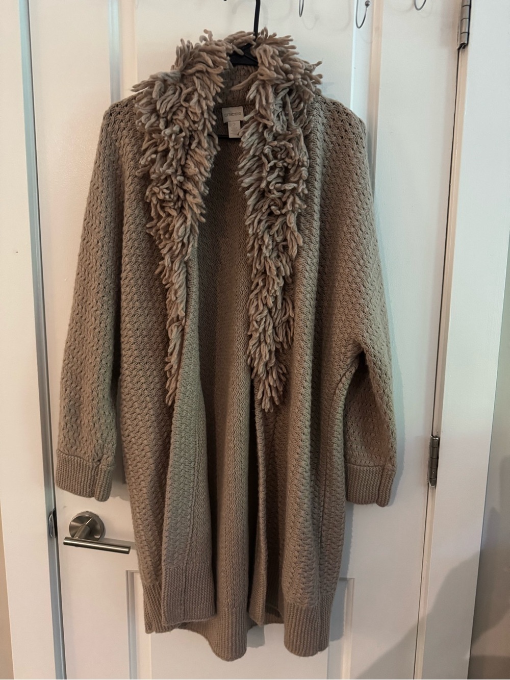 Chico's Taupe Open-Front Cardigan with Plush Collar